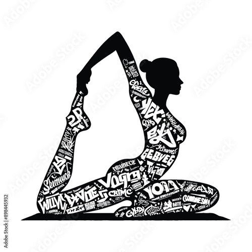 Meditation, yoga  female player in graffiti tags, street art pattern illustration, emblem shield badge