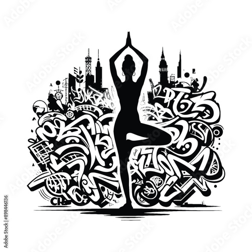 Meditation, yoga  female player in graffiti tags, street art pattern illustration, emblem shield badge