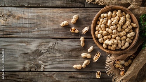 Dried peanuts in shells on a wooden surface seen from above