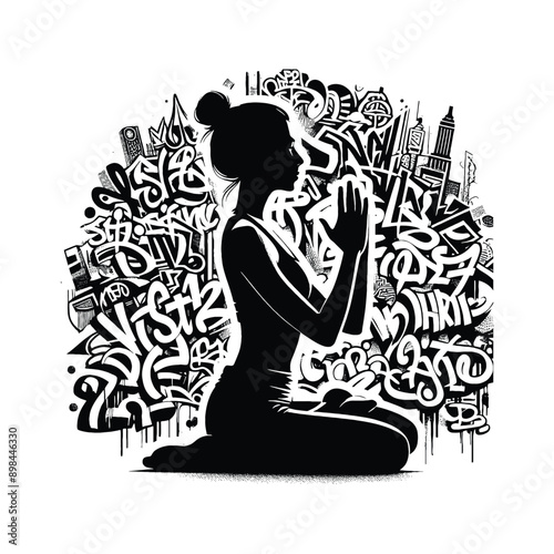 Meditation, yoga  female player in graffiti tags, street art pattern illustration, emblem shield badge