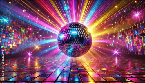 A disco ball hangs in the center of a dance floor, surrounded by colorful lights and stars