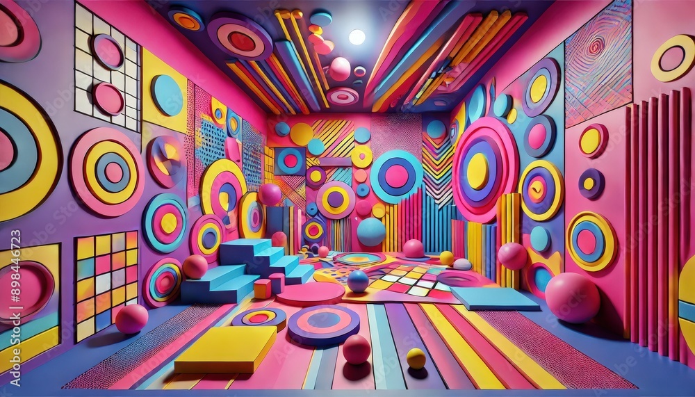 vibrant and colorful room filled with abstract geometric shapes and patterns, creating a dynamic and energetic atmosphere vibrant and colorful room filled with abstract geometric shapes and patterns, creating a dynamic and energetic atmosphere