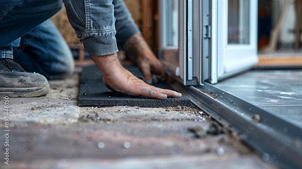 A skilled worker carefully installs flooring at a doorway, showcasing craftsmanship and attention to detail in home renovation. A skilled worker carefully installs flooring at a doorway, showcasing craftsmanship and attention to detail in home renovation.