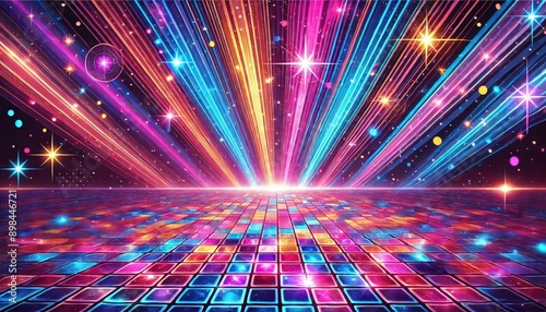 A vibrant dance floor with glowing, colored squares beneath a starry sky with multicolored beams of light shining downwards