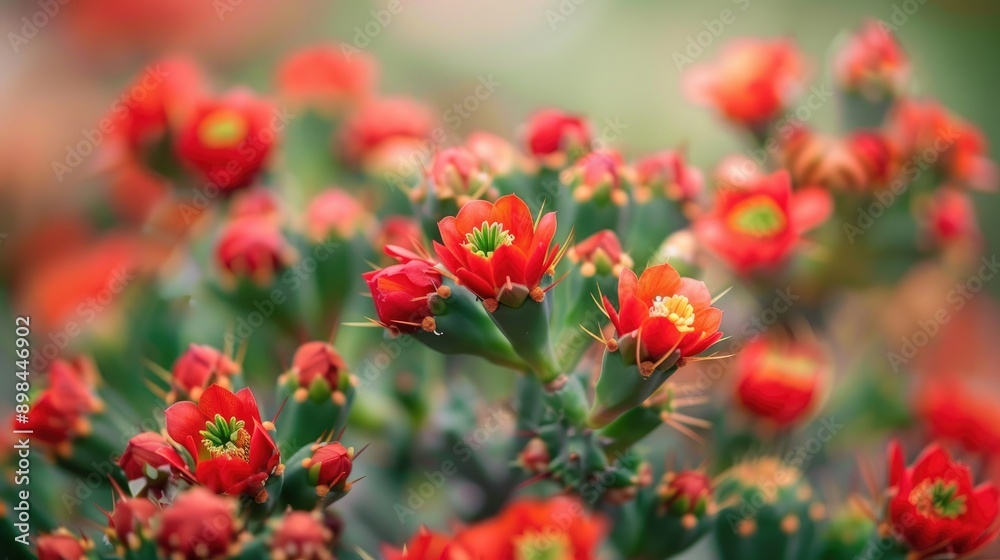 Euphorbia flowers with prickly stems and red blooms in selective focus decorative plant background Euphorbia flowers with prickly stems and red blooms in selective focus decorative plant background