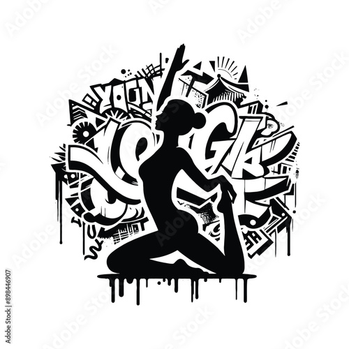 Meditation, yoga  female player in graffiti tags, street art pattern illustration, emblem shield badge