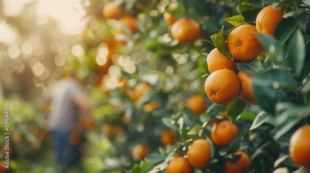 Farmer working picking orange fruit from tree in plantation farm field Farmer working picking orange fruit from tree in plantation farm field