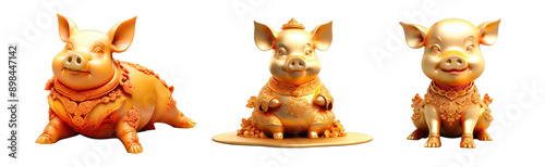 Pig with gold texture, traditional East Asian culture style. Cut out transparent background. - Generative AI