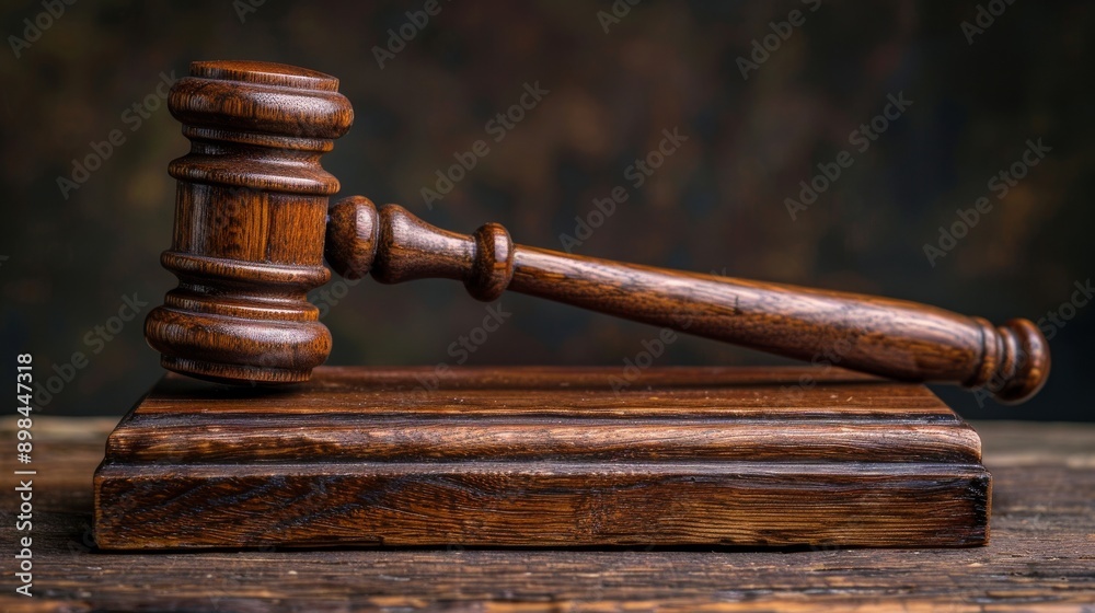 Polished wooden gavel resting on a sound block on a desk, representing law, justice, and legal proceedings Polished wooden gavel resting on a sound block on a desk, representing law, justice, and legal proceedings