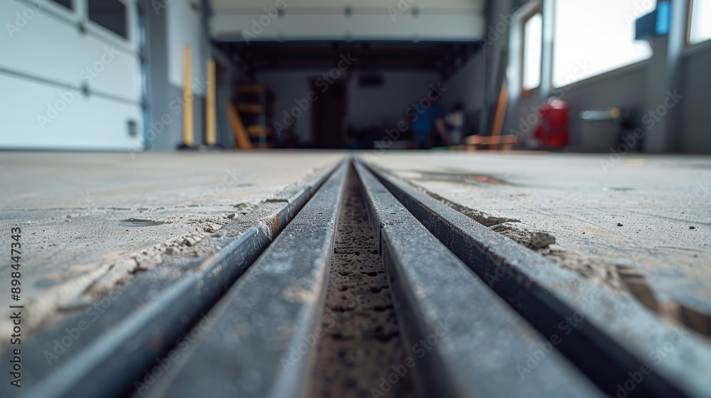 Close-up view of a garage floor with metal tracks, showcasing dust particles and spacious interior. Ideal for construction and home projects. Close-up view of a garage floor with metal tracks, showcasing dust particles and spacious interior. Ideal for construction and home projects.