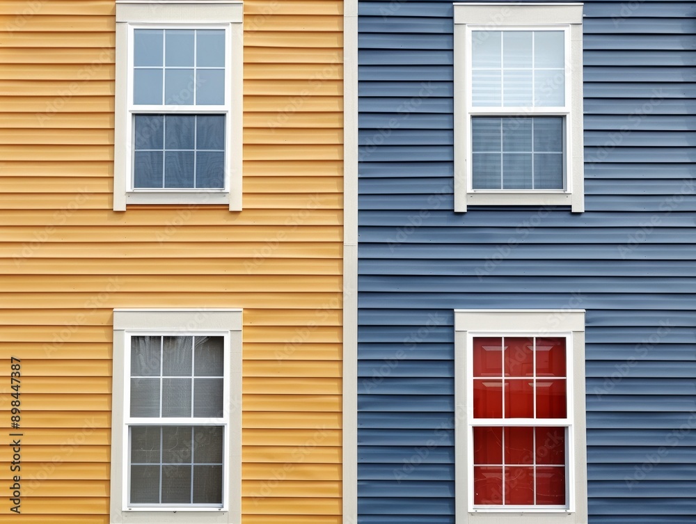 Colorful vertical siding on a house, featuring warm yellow and cool blue tones, showcasing modern architectural style. Colorful vertical siding on a house, featuring warm yellow and cool blue tones, showcasing modern architectural style.