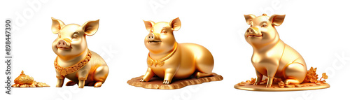 Pig with gold texture, traditional East Asian culture style. Cut out transparent background. - Generative AI