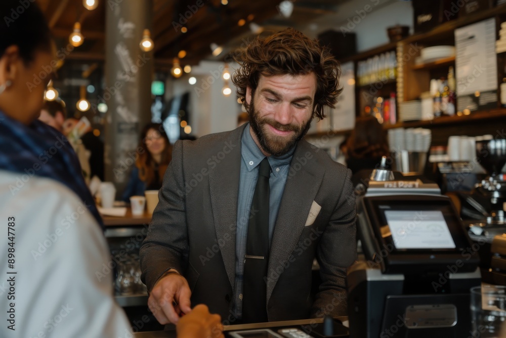 A man in a stylish suit smiles warmly while ordering coffee at a café counter, representing a blend of professionalism and casual social interaction in a modern urban setting. A man in a stylish suit smiles warmly while ordering coffee at a café counter, representing a blend of professionalism and casual social interaction in a modern urban setting.
