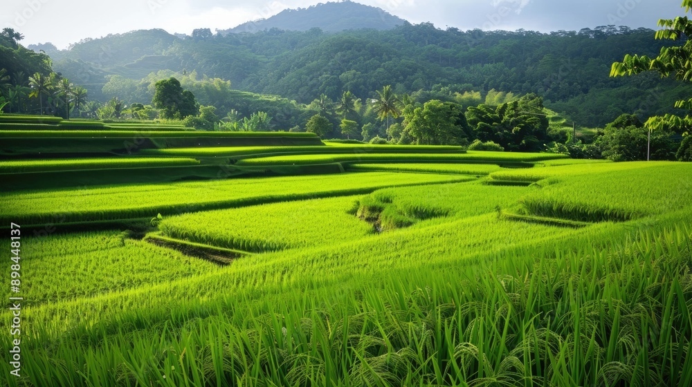 Fototapeta premium Rice fields in various stages of growth, showcasing a spectrum of green shades