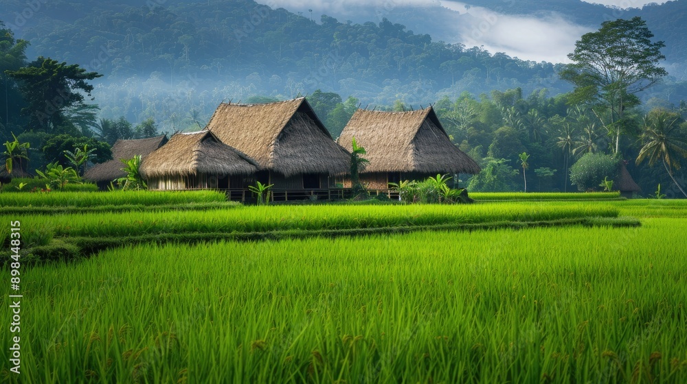 Traditional thatched huts dotting the edge of a green rice field Traditional thatched huts dotting the edge of a green rice field