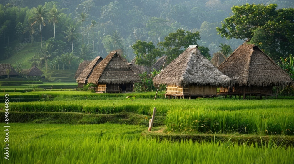 Traditional thatched huts dotting the edge of a green rice field