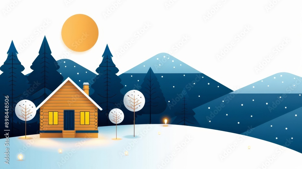 Cozy cabin, glowing lights, flat design illustration Cozy cabin, glowing lights, flat design illustration