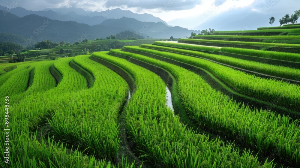 Beautiful rice fields with neatly planted rows and water-filled dikes Beautiful rice fields with neatly planted rows and water-filled dikes