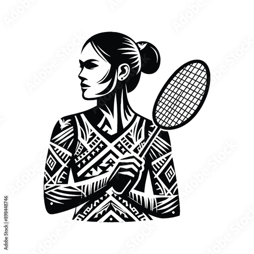 Badminton  female player in ethnic polynesia pattern illustration, emblem shield badge