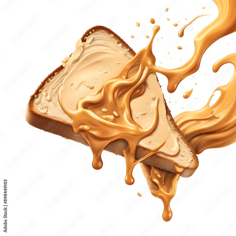 Delicious brown toast or bread slice covered with peanut butter. Peanut butter dramatically dripping, falling over the toast isolated on the white background