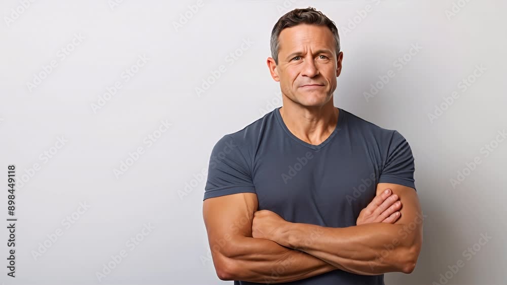 Confident man with charming smile, crossed arms, and casual t-shirt poses in studio Confident man with charming smile, crossed arms, and casual t-shirt poses in studio