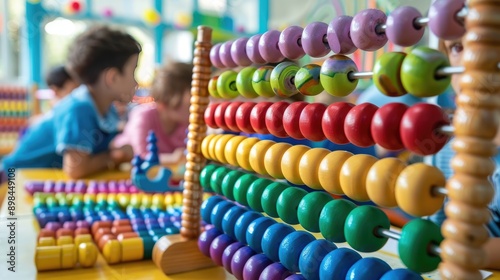 Colorful abacus with students learning basic arithmetic in the background