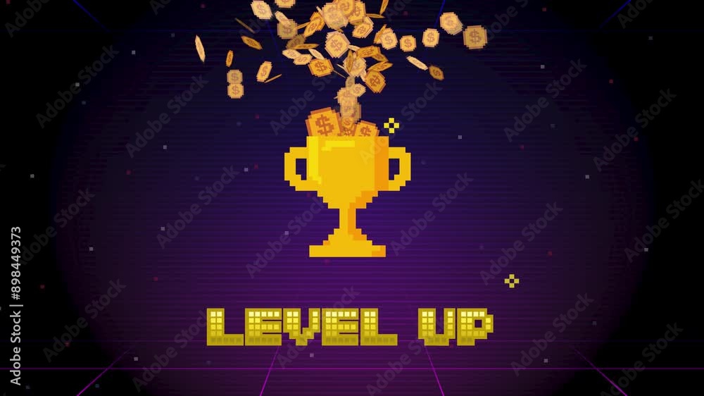 Pixel art 8-bit level up text with one big winner golden cup and gold coin overwhelming for champion on white background.for game assets in vector illustrations. Pixel art 8-bit level up text with one big winner golden cup and gold coin overwhelming for champion on white background.for game assets in vector illustrations.