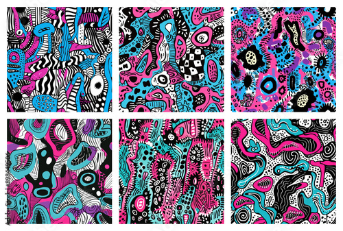 Seamless Abstract Patterns, Aqua Magenta Black, Tileable Textures, Modern Artistic Doodles, Designs