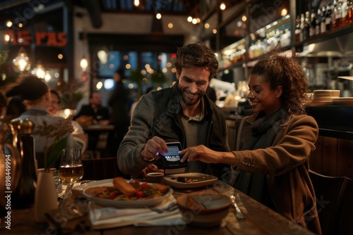 A couple is enjoying a meal at a cozy and warmly lit restaurant, engaging with a mobile phone, creating a pleasant and intimate dining experience.