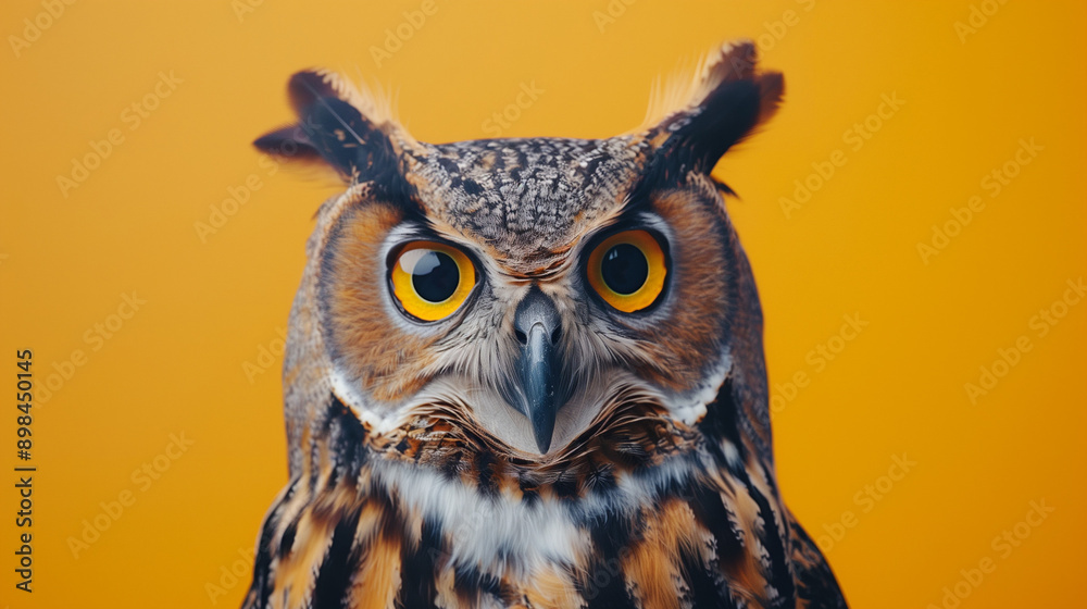 Fototapeta premium colorful image of owl in front of yellow background studio shot