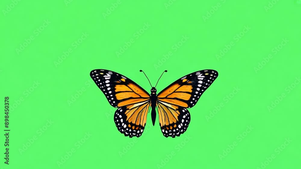 A butterfly is flying on a green screen.