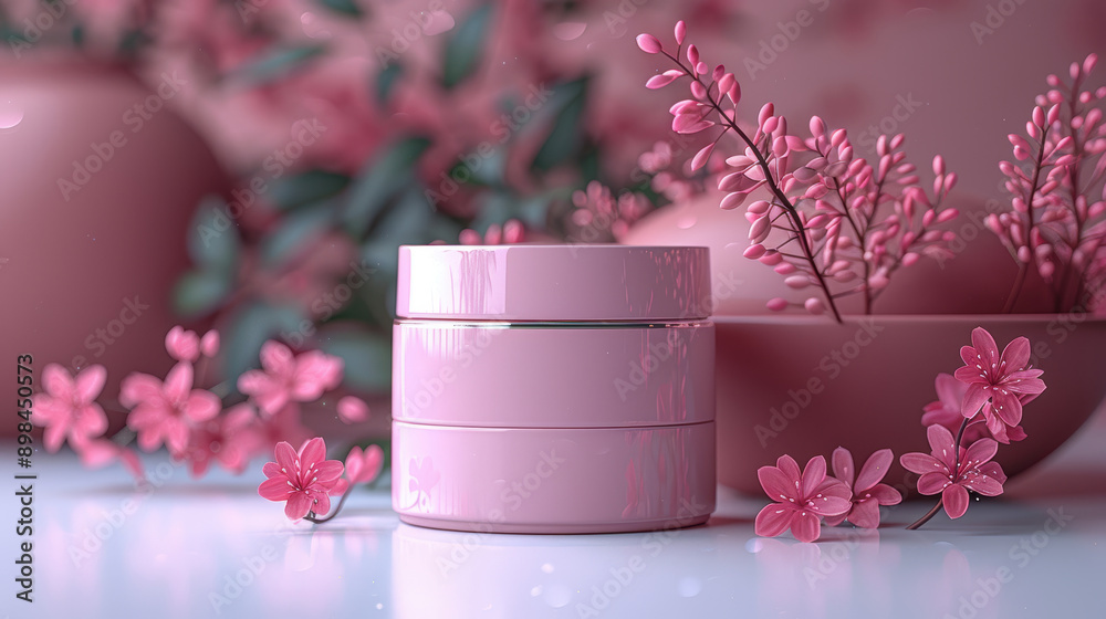 A pink container with a floral design sits on a table next to a vase of pink flowers. Concept of elegance and sophistication, with the pink color and floral design creating a feminine A pink container with a floral design sits on a table next to a vase of pink flowers. Concept of elegance and sophistication, with the pink color and floral design creating a feminine