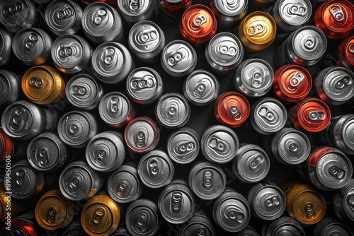 Color Abstract pattern many soda drinks cans top view on dark background. Recycling aluminum or metal empty cans from above. Group of cans for reuse and recycle.