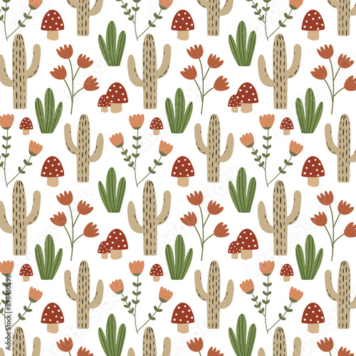 Floral seamless pattern in Scandinavian style. Flowers, plants, cactus, mushrooms and grass on white. Hand drawn design for print, paper, design, fabric, gift wrap, decoration, background. Vector 