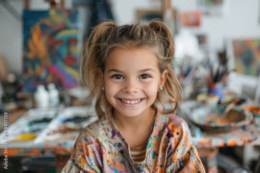 A young girl smiling in an artistic setting with colorful paint on her face, standing before easels showcasing vivid artworks, reflecting joy and creativity in a bright studio. A young girl smiling in an artistic setting with colorful paint on her face, standing before easels showcasing vivid artworks, reflecting joy and creativity in a bright studio.