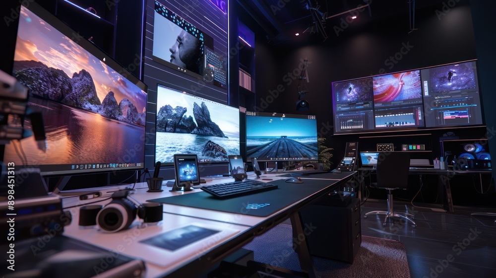 digital photography studio with high-resolution editing tools and virtual photo shoots displayed on large monitors digital photography studio with high-resolution editing tools and virtual photo shoots displayed on large monitors