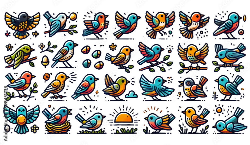 Obraz premium Various Bird Illustrations in Different Poses and Colors