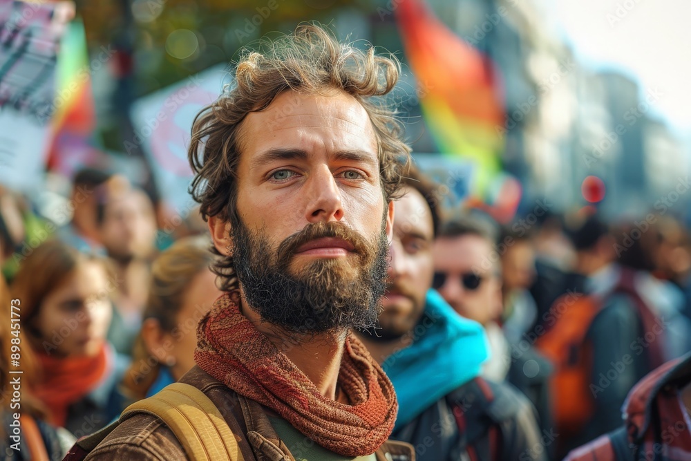 Passionate Male Activist Standing Out in Vibrant Crowd, Holding Protest Sign with Intense Expression Passionate Male Activist Standing Out in Vibrant Crowd, Holding Protest Sign with Intense Expression