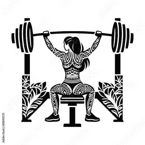 Bench press, weight lifting   female player in ethnic polynesia pattern illustration, emblem shield badge