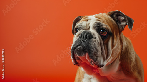 colorful image of english bulldog dog in front of orange background