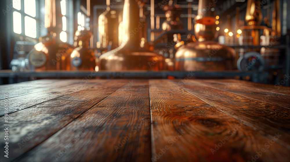close up of empty wooden table with blurred copper still distillery making alcohol background close up of empty wooden table with blurred copper still distillery making alcohol background