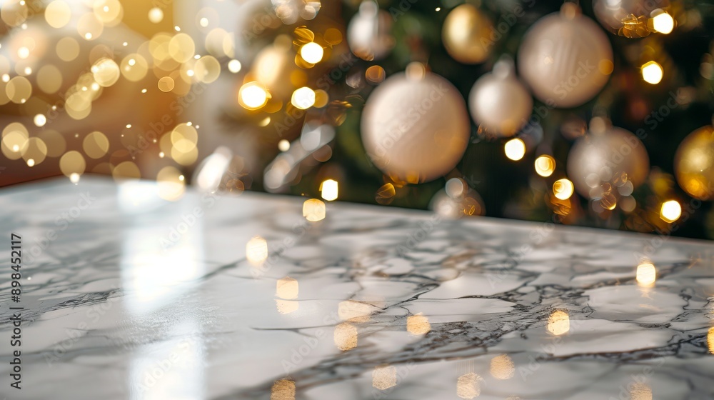 Marble table in front of a decorated Christmas tree with lights. Concept of holiday celebration, festive decor, winter season, home interior. Mockup, product display. Copy space Marble table in front of a decorated Christmas tree with lights. Concept of holiday celebration, festive decor, winter season, home interior. Mockup, product display. Copy space