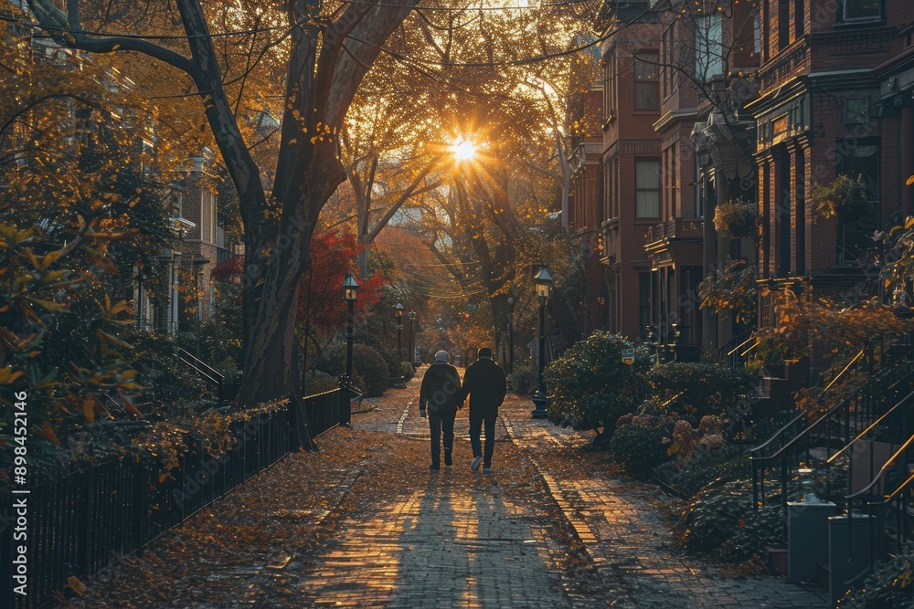 A serene autumn evening walk through a picturesque neighborhood with the sun setting through the trees and casting a golden glow on the charming houses and quaint pathway A serene autumn evening walk through a picturesque neighborhood with the sun setting through the trees and casting a golden glow on the charming houses and quaint pathway
