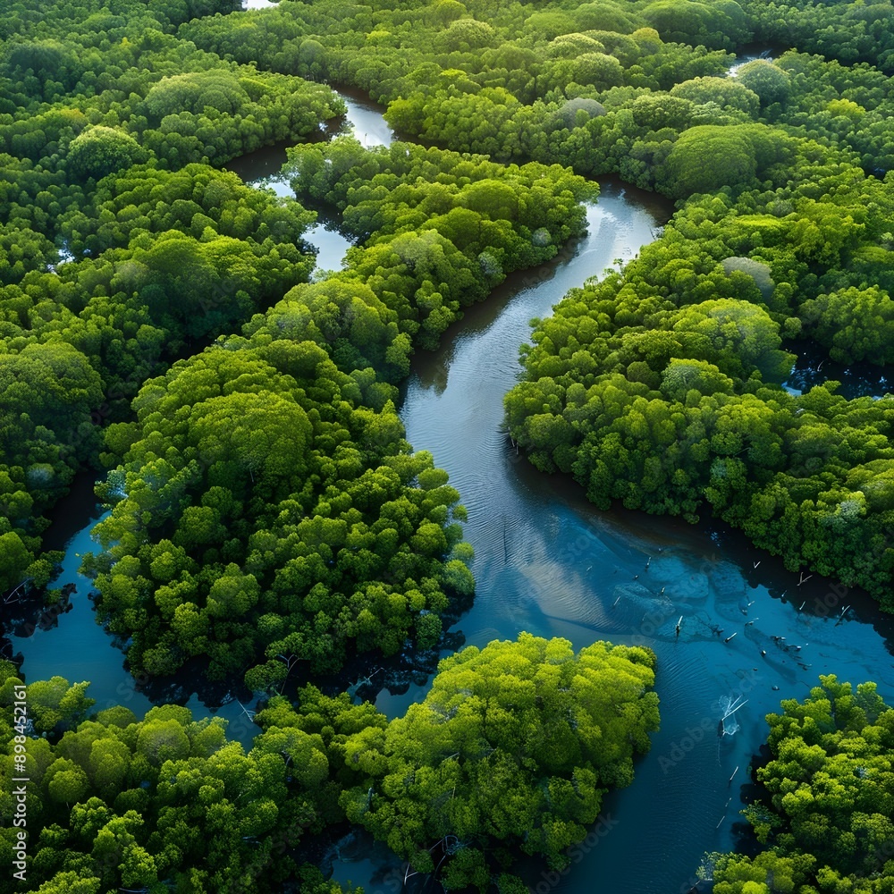 Naklejka premium Aerial view of a dense mangrove forest with winding waterways