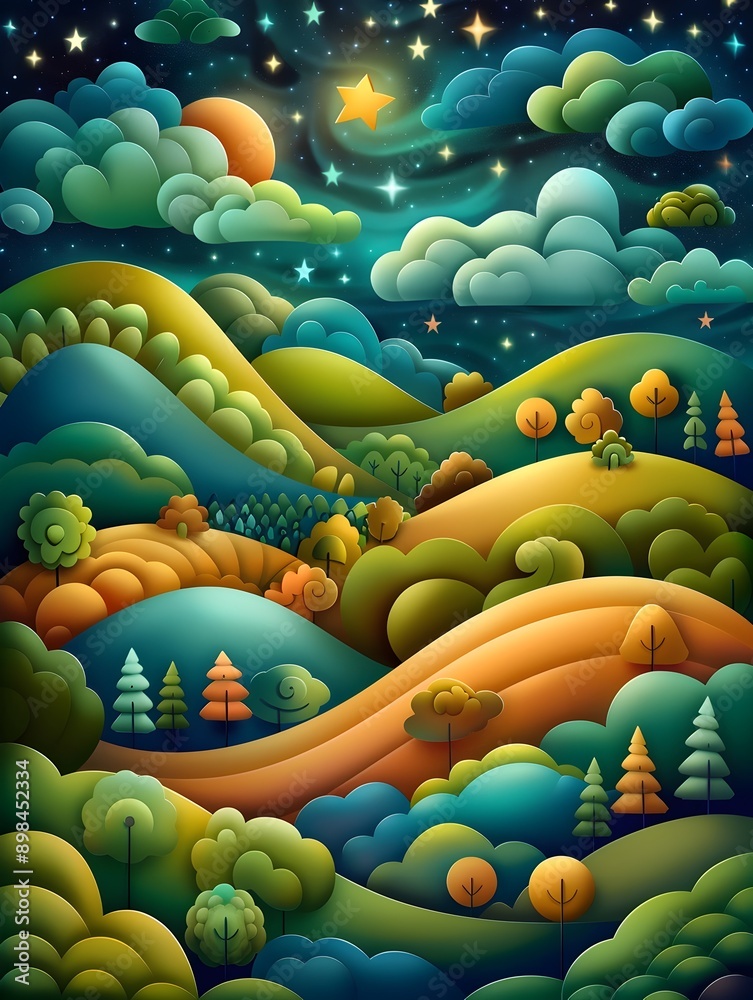 Obraz premium Whimsical Cartoon Landscape with Enchanted Forest and Twinkling Stars in Magical Night Sky