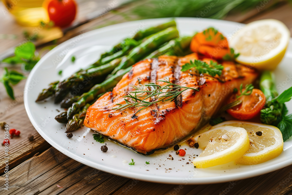 Grilled salmon with asparagus, lemon slices, and herbs on a white plate