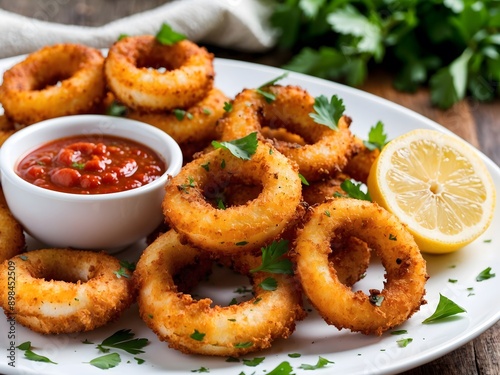 Fried squid or calamari rings with sauce. Ai Generative.