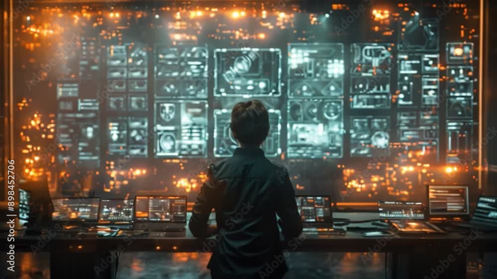 A person in a virtual reality meeting room with a large screen displaying holographic avatars of team members. A person in a virtual reality meeting room with a large screen displaying holographic avatars of team members.