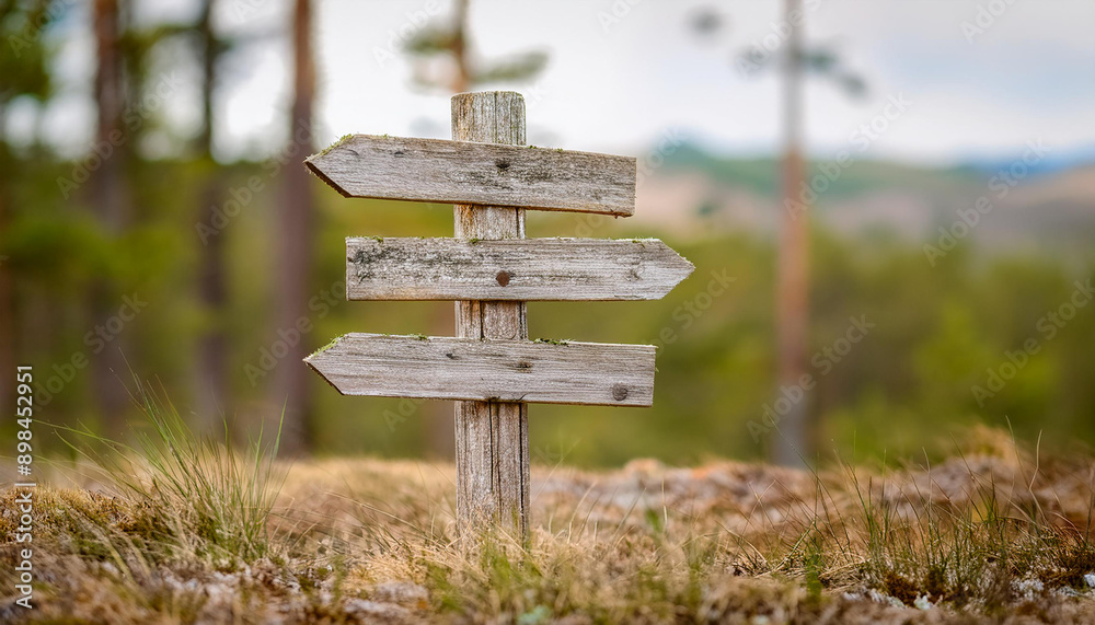 Naklejka premium Old wooden signpost with three 3 arrows against natural background. Pointer showing direction