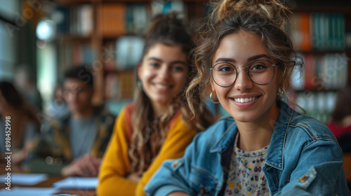 Two girls are smiling and wearing glasses. They are sitting at a table with other people. Scene is happy and friendly